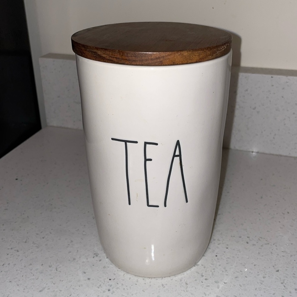 Rae Dunn glass tea decor canister with wood lid